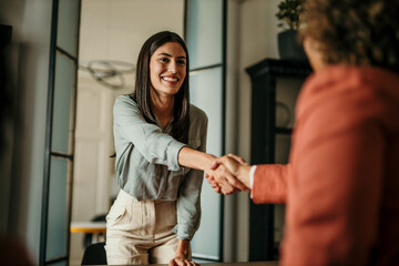 Businesswomen shaking hands during a business meeting in the office