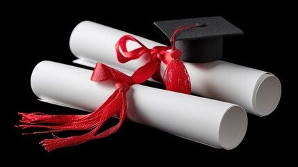 Graduation scrolls and cap on black background