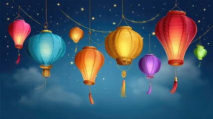 Obraz premium Colorful paper lanterns hang in the night sky.