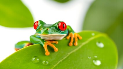 Fototapeta premium Red-Eyed Tree Frog on Leaf with Dew Drops
