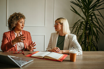 Two businesswomen having a conversation at the office