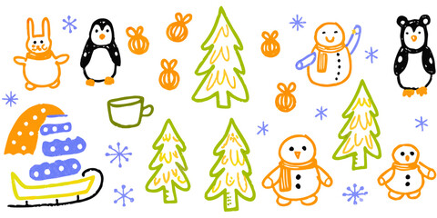 Fototapeta premium Kids doodle design, Naive baby nature sticker, colorful pencil illustration.
