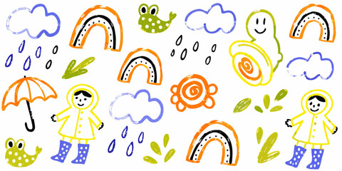 Kids doodle design, Naive baby nature sticker, colorful pencil illustration.