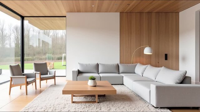 Light-filled Living Room with L-shaped Sofa and Wooden Accents - Interior Design                                                                      
