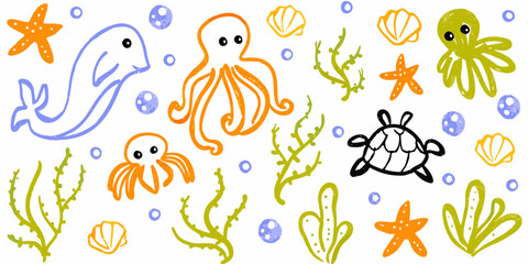 Kids doodle design, Naive baby nature sticker, colorful pencil illustration.