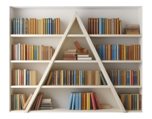 Bookshelf with books of various colors and sizes, organized on a white triangular bookshelf