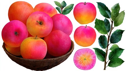 Watercolor Apple Still Life With Basket and Leaves on White Background