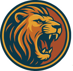 A graphic illustration of a roaring lion head inside a circle with a retro color palette design style
