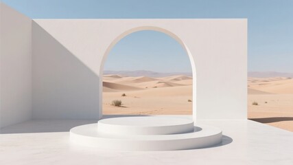 Minimalist white structure with archway framing a desert landscape