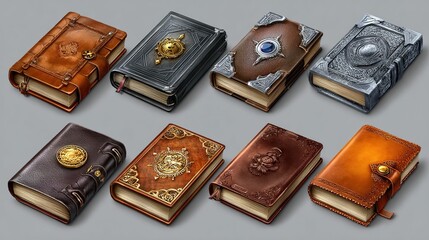 Collection of Ornate Leather Bound Book for Magic Spell or Fantasy Novel