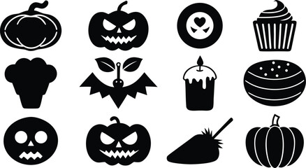  Vector art of a collection of halloween themed silhouettes is presented on a white background