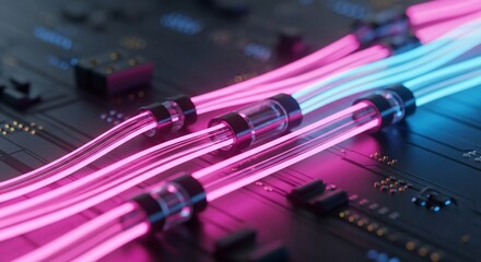 Vibrant pink and blue fiber optic cables illuminating a dark electronic circuit board, symbolizing high-speed data transfer and modern connectivity.