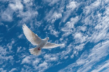Obraz premium white dove flying against blue sky with clouds