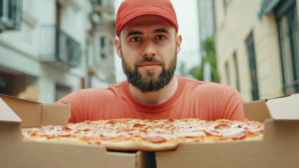 The image shows a person holding boxes of pizza. They appear to be standing outdoors on a street with residential buildings in the background