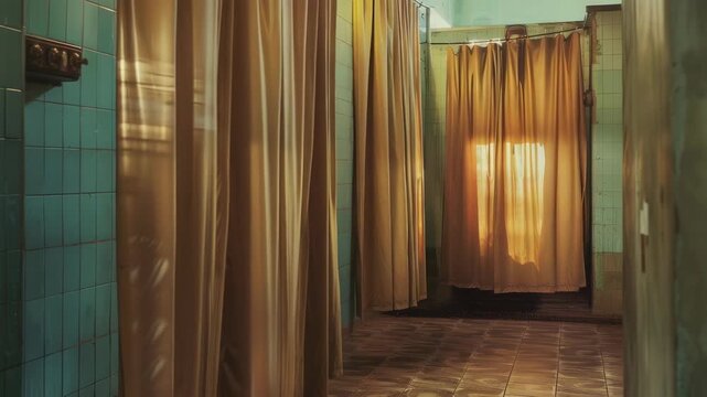 An old bathroom interior with green tiles and yellow curtains.
