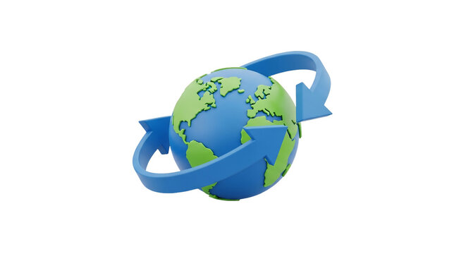 A stylized globe with blue and green continents, encircled by two blue arrows, representing global concepts.