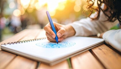 Woman's hand drawing blue mandala on a sketchbook with a blue pen outdoors
