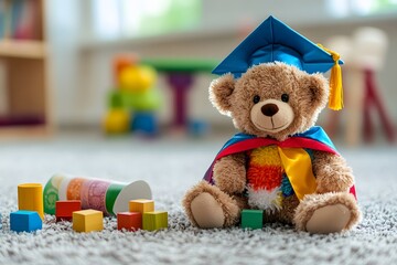 Kindergarden Graduation Concept. Adorable teddy bear in graduation cap and cape surrounded by colorful wooden blocks