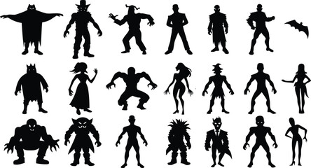  Vector art of silhouettes of various monsters and creatures are displayed for halloween