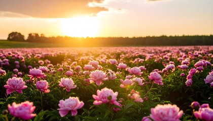 Fototapeta premium Pink peonies bloom at golden sunset