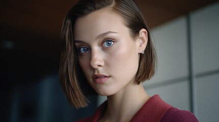 A close-up portrait of a young woman with short brown hair and blue eyes, wearing a maroon top, looking directly at the camera with a neutral expression.