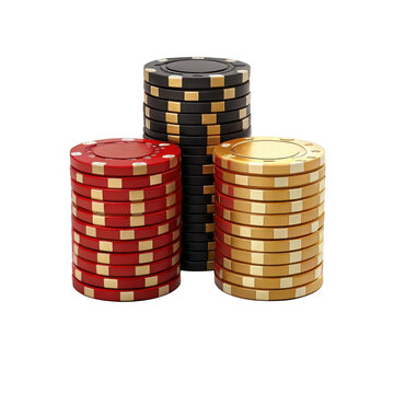 Three stacks of casino poker chips in red black and gold colors are neatly arranged on a transparent background