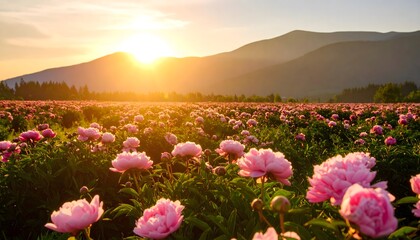 Fototapeta premium Pink peony field at sunset landscape