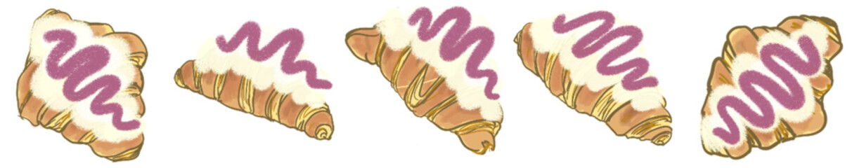 Delicious Croissant Pastry Topped with Whipped Cream and Purple Berry Icing Illustration for Bakery Decor or Digital Sticker