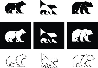 Bear logo icon set in flat, outline, and silhouette vector styles for hunting, wildlife, and adventure branding.