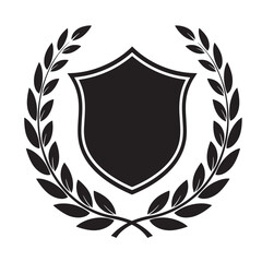 Fototapeta premium Elegant black and white emblem featuring a shield silhouette surrounded by a laurel wreath perfect for vintage art and classic designs.