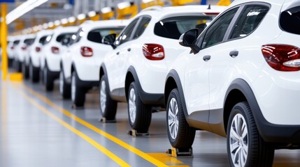 New white cars on assembly line in a factory, brand new vehicles in a row in plant.