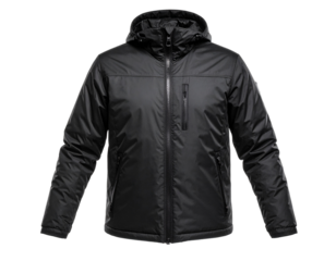 A sleek black ski jacket, angled view, waterproof and insulated for winter sports, isolated on white.