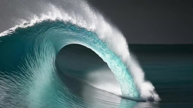 Transparent Blue Ocean Wave Breaking Over Water with White Spray and Dark Cloudy Background