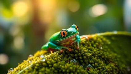 Red-Eyed Tree Frog on Leaf with Dew Drops