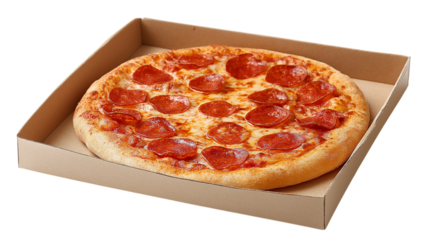 Pepperoni Pizza in a Cardboard Box Ready to Eat