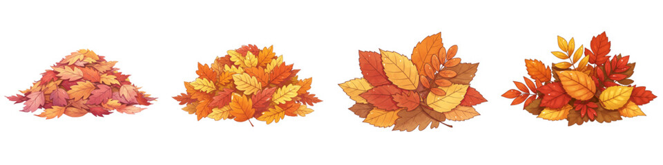 Set of isolated leaf piles with autumn leaves in various arrangements  