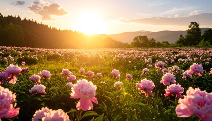 Vast peony field glowing sunset light