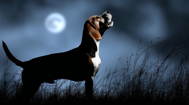 Beagle howling under the full moon in a dark grassy landscape  