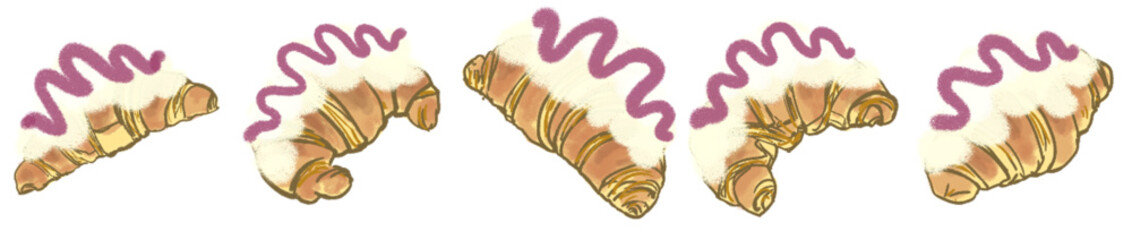 Delicious Croissant Pastry Topped with Whipped Cream and Purple Berry Icing Illustration for Bakery Decor or Digital Sticker