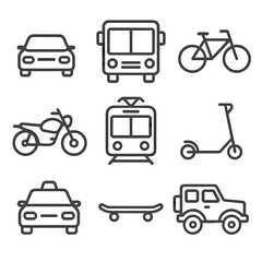 Fototapeta premium Line Style Transport Icons. Line style icons of land transportation: car, bus, bicycle, motorcycle, tram, electric scooter, taxi,