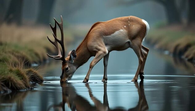 Pampas deer drinking water from a clear stream