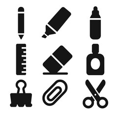 Obraz premium Stationery Icons Collection. Solid style icons of writing and stationery items: pencil, highlighter, permanent marker, ruler,