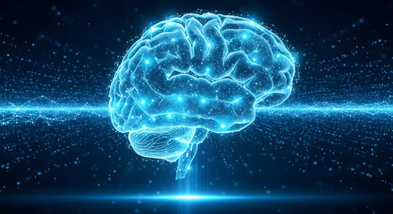 Fototapeta premium Holographic Digital Brain Glowing Against Starry Futuristic Background