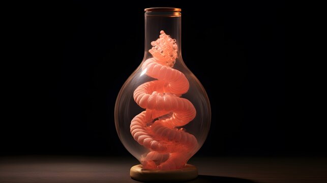 Abstract art glass vase with pink spiral sculpture on black background art