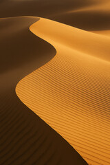 A vast desert landscape featuring rolling sand dunes under a clear blue sky.
