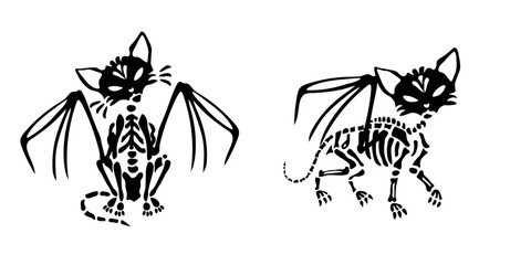 Black skeleton cat with wings in different poses. Perfect for Halloween decoration, cards, posters