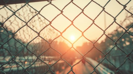 Sunset viewed through a chain link fence.