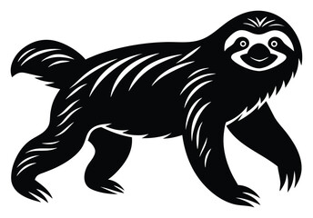 Stylized black and white illustration of a walking sloth adorable animal emblem for designs and prints silhouette vector art