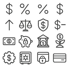 Fototapeta premium Financial Symbols Icons. Line style icons of financial symbols: dollar sign, percent icon, interest sign, plus money, minus funds,
