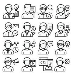 Digital Marketing Roles Icons. Line style icons of digital marketing team roles: marketing manager, content creator, SEO